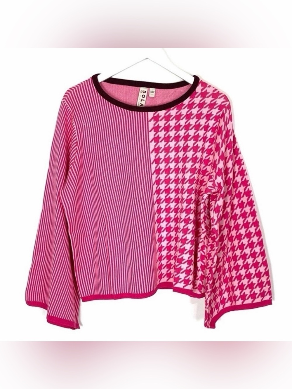 Anthropologie Pink Preppy houndstooth & Stripe Duo Pink Long Sleeve Top